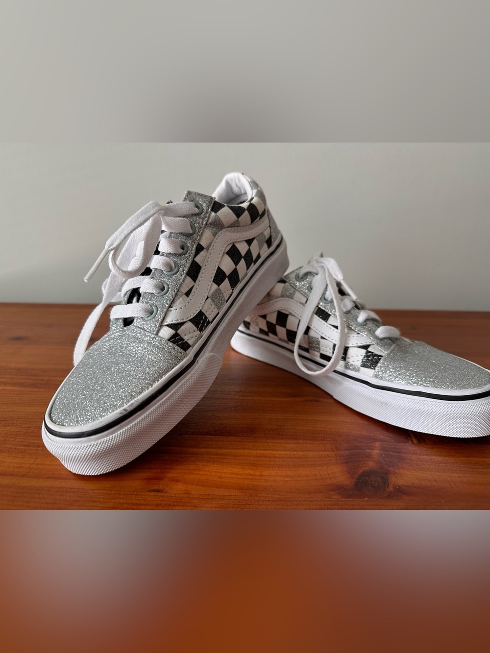Vans Off the Wall Silver Glitter & Black-and-White Checkerboard Low Top Sneakers
